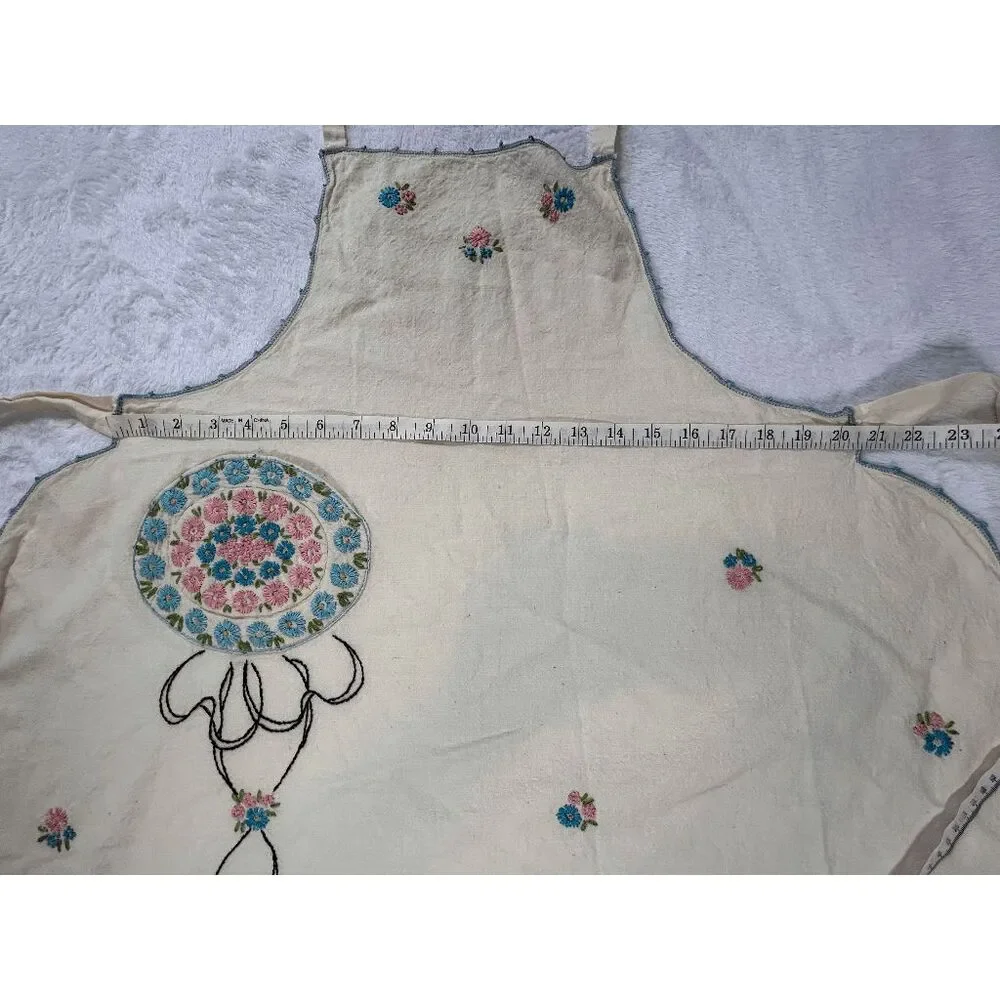 Handmade Full Front Cream Flower Embroidered Apron, Pocket, Detailed, Unique